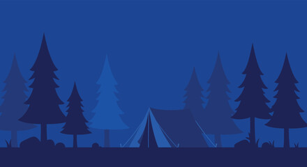 Obraz premium Camping in the Woods at Night with Tent and Pine Trees Silhouette