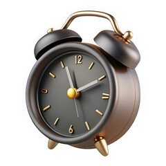 Elegant rendered illustration of a classic black alarm clock with golden accents on black background