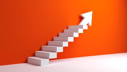 A scene where a white staircase points up from left to right and finally turns into a 3D arrow