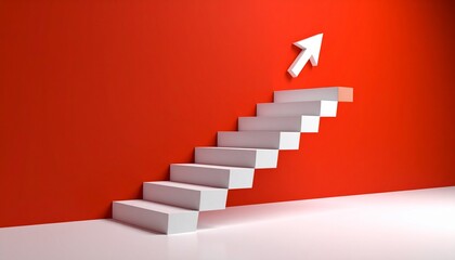 A scene where a white staircase points up from left to right and finally turns into a 3D arrow