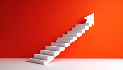 A scene where a white staircase points up from left to right and finally turns into a 3D arrow