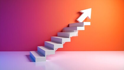 A scene where a white staircase points up from left to right and finally turns into a 3D arrow