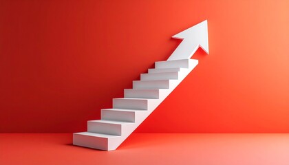 A scene where a white staircase points up from left to right and finally turns into a 3D arrow