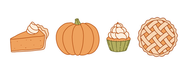Pumpkin Dessert Vector Set. Pie, Muffin for Fall Recipes, Stickers, Prints