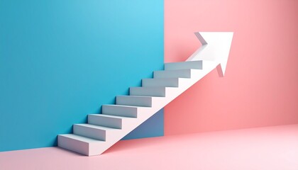 A scene where a white staircase points up from left to right and finally turns into a 3D arrow