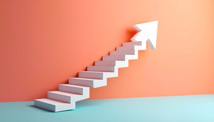 A scene where a white staircase points up from left to right and finally turns into a 3D arrow