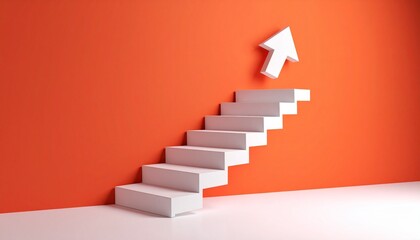 A scene where a white staircase points up from left to right and finally turns into a 3D arrow