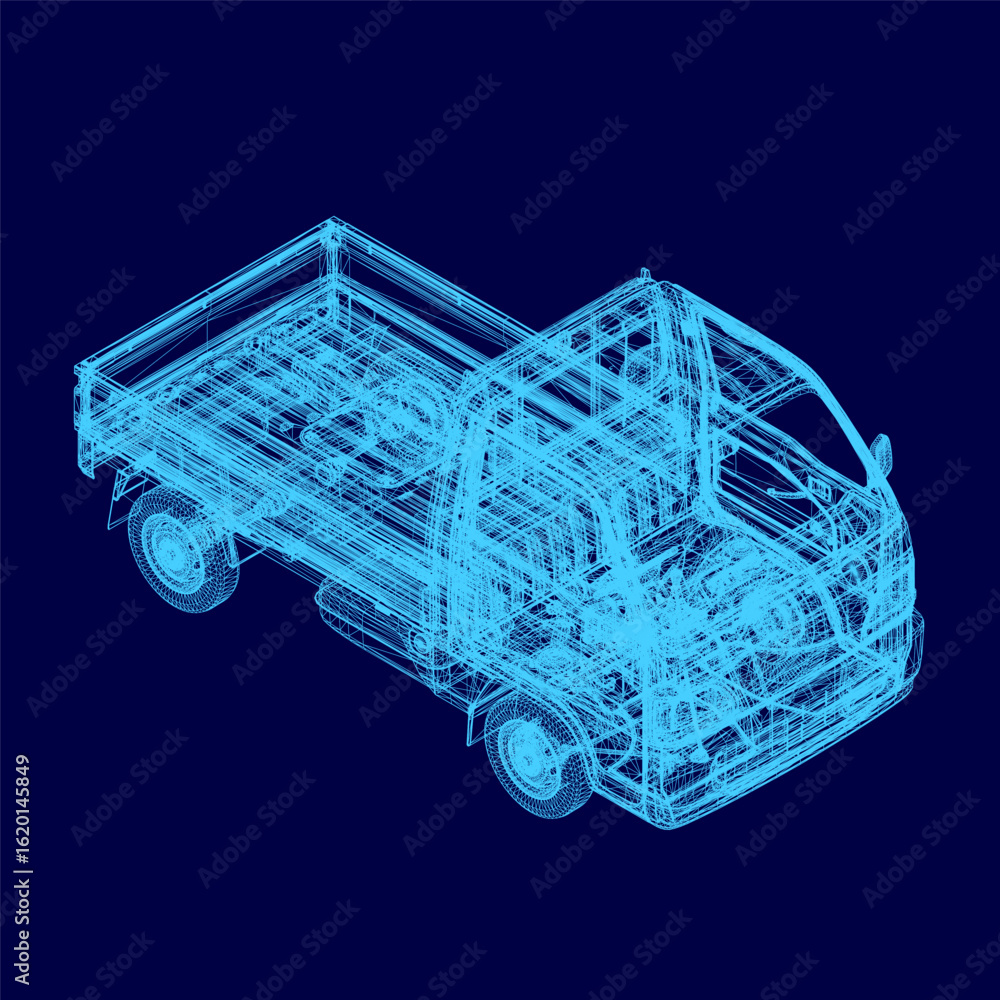 Poster a 3d wireframe pickup truck model with visible structural framework stands against a solid blue back