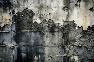 A distressed and weathered concrete wall with peeling paint and grunge textures, showing signs of age