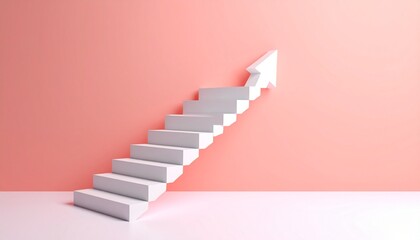 A scene where a white staircase points up from left to right and finally turns into a 3D arrow