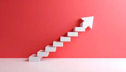 A scene where a white staircase points up from left to right and finally turns into a 3D arrow