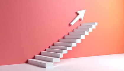 A scene where a white staircase points up from left to right and finally turns into a 3D arrow