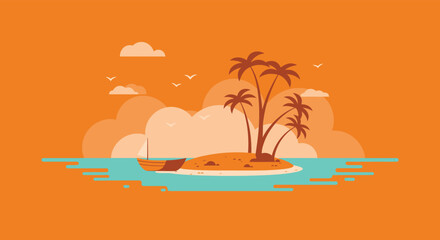 Tropical Island with Palm Trees and Boat in Flat Vector Illustration