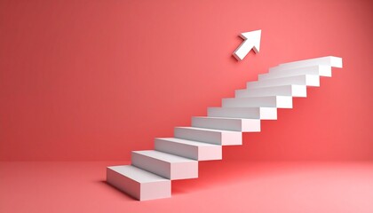A scene where a white staircase points up from left to right and finally turns into a 3D arrow
