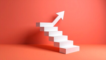 A scene where a white staircase points up from left to right and finally turns into a 3D arrow