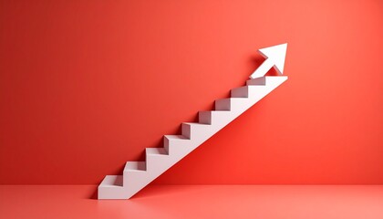 A scene where a white staircase points up from left to right and finally turns into a 3D arrow