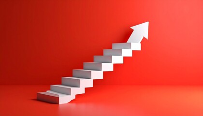 A scene where a white staircase points up from left to right and finally turns into a 3D arrow