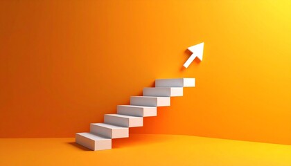 A scene where a white staircase points up from left to right and finally turns into a 3D arrow