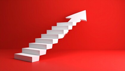 A scene where a white staircase points up from left to right and finally turns into a 3D arrow