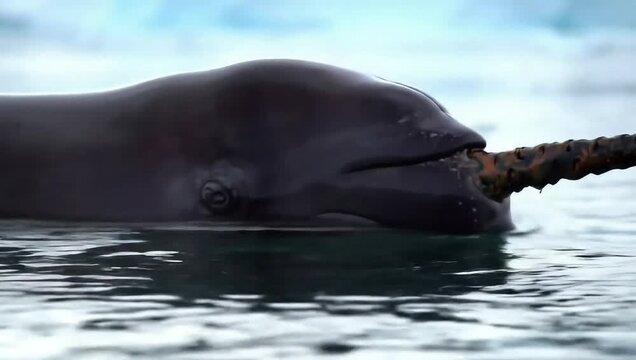 Close up of narwhals also known as a narwhale (Monodon monoceros) swimming and feeding at the ice floe edge, Arctic sea, Northern Canada. Slow motion.
