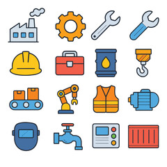 Flat industrial icons set for factories, automation, engineering, logistics UI. Generative AI
