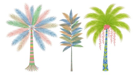 Obraz premium Whimsical Palm Trees Watercolor Illustration in Pastel Colors with Striped and Patterned Trunks on White Background