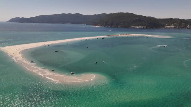 Aerial view of boats on sand banks near Troia Peninsula, Setubal, Portugal