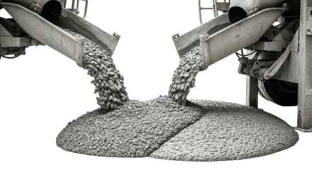 Concrete pouring from mixers into a smooth pile of freshly mixed cement at a construction site, transparent background, cutout PNG