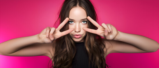 Creative lifestyle template. A pretty wavy hair teenager girl lifting hand to eye, posing with finger forming a V Yes peace Victory sign on bright pink background. copy text space. 
