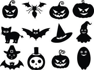 Spooky Halloween Silhouette Clipart:  Jack-o'-lanterns, bats, cats, ghosts, witch hats, and spiders;  monochrome, playful, festive vector graphics for seasonal designs.