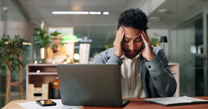 Mistake, headache or frustrated businessman on laptop for administration risk or error report. Migraine, stress or tired database administrator in office for tech glitch, project crisis or burnout