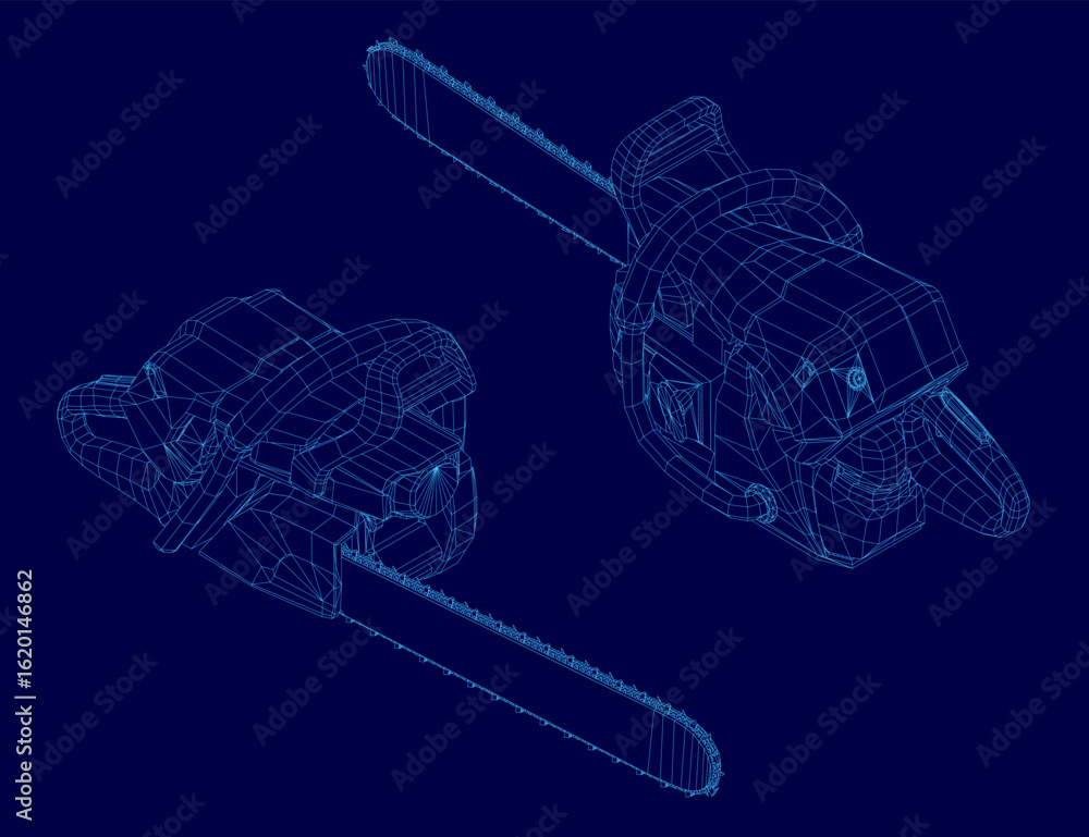 Poster a 3d model of a chainsaw features a wireframe design on a blue background, highlighting the sharp te