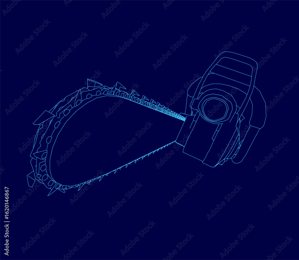 Poster chainsaw blueprint with detailed contour lines highlights the handle and sharp blade. the white outl