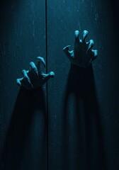 Creepy hands reaching out from behind a dark wooden door frame