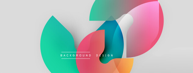 Abstract colorful shapes overlap. Modern design features gradients, transparency, light background. Minimalist aesthetic, clean composition.