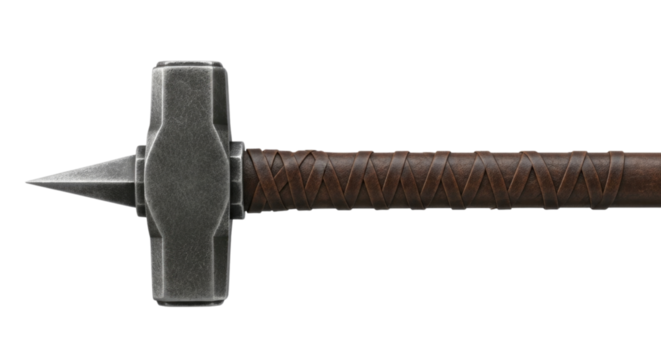 Heavy bladed hammer with a textured handle resting on a transparent background, cutout PNG