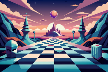 Surreal Landscape of a Chessboard Stretching to the Horizon