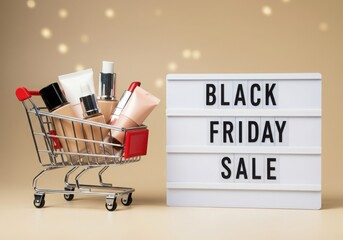 Shopping cart filled with cosmetics next to a sale sign display board