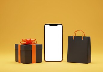 Isolated phone with gift box and shopping bag on yellow background