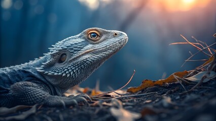 Close-Up of Bearded Dragon Lizard at Sunset – Detailed Reptile Portrait in Natural Habitat