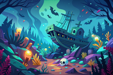 Surreal Vector Illustration of a Haunted Shipwreck in the Clouds