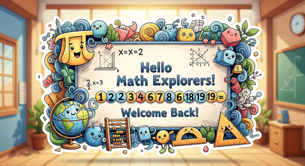 A classroom scene with a decorative math themed frame and welcome back message for math explorers back to school ai generated