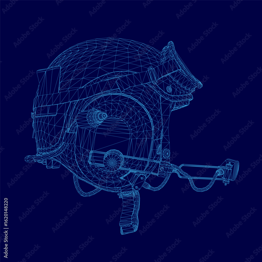 Poster pilot's helmet blueprint on a blue background displays intricate wireframe details with precise line