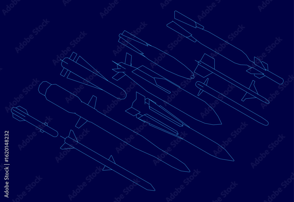 Poster a set of warhead projectiles in clean white contour lines against a solid blue background. the missi
