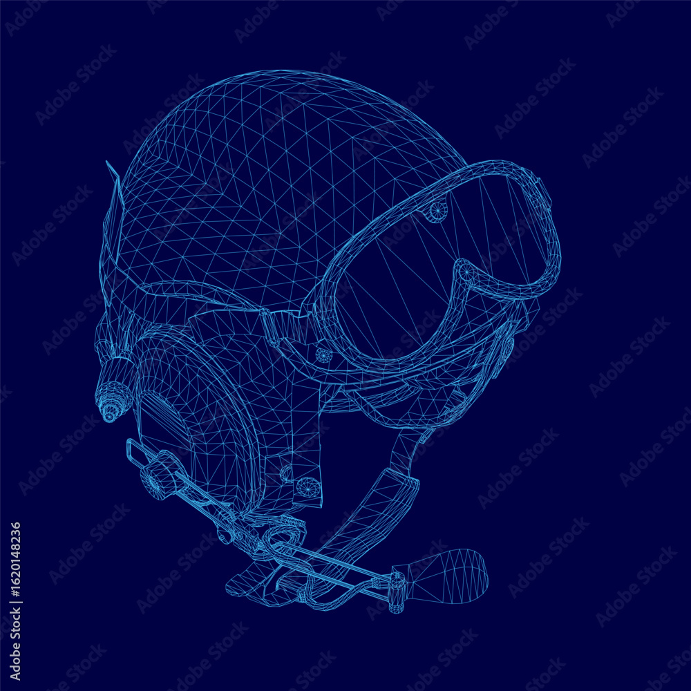 Poster a wireframe pilot helmet features intricate lines and geometric shapes, creating a striking 3d effec