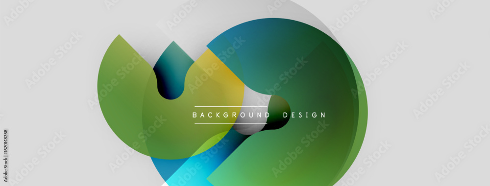 Poster abstract shapes overlap, creating dynamic composition. green, blue, teal hues dominate neutral backg