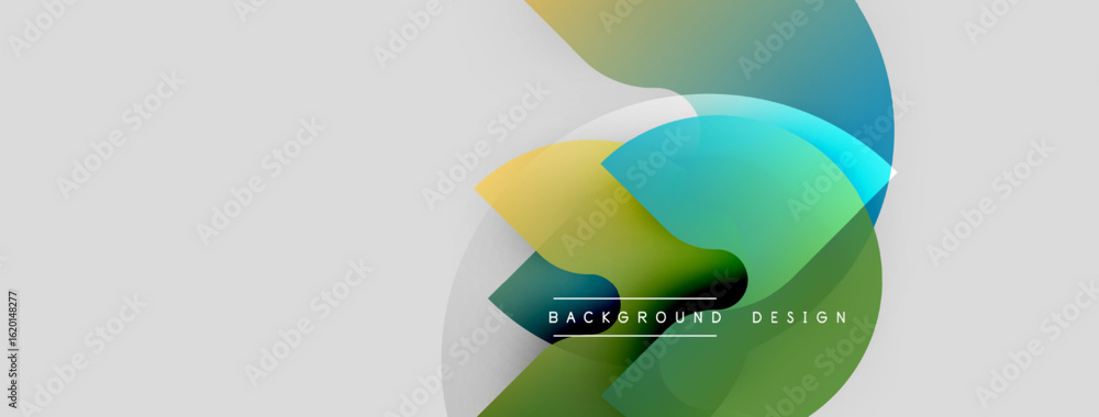 Poster abstract geometric shapes overlap, creating vibrant color gradients. minimalist design with text ele