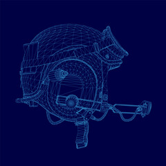 Pilot's helmet blueprint on a blue background displays intricate wireframe details with precise lines and curves, highlighting realistic proportions and technical accuracy.