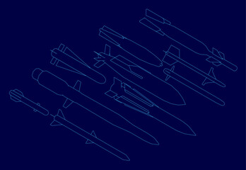 A set of warhead projectiles in clean white contour lines against a solid blue background. The missiles are arranged in a dynamic formation with precise outlines.