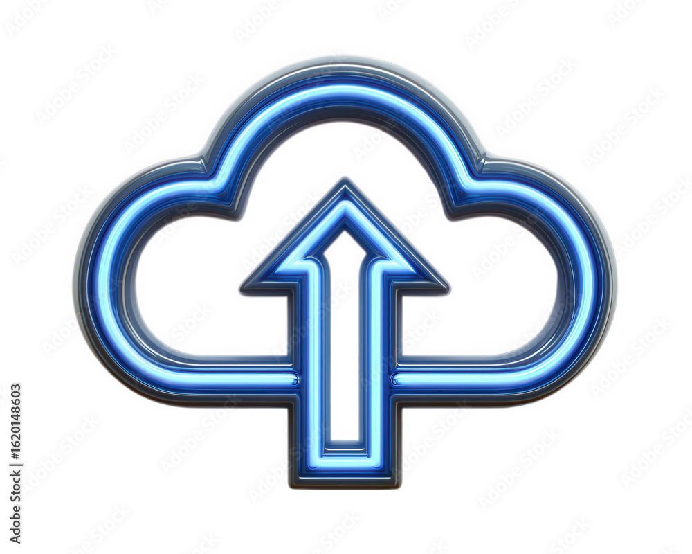 Poster glowing blue cloud upload icon neon style isolated on transparency background digital technology fut